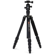 MeFoto RoadTrip aluminium tripod with reverse-folding legs, extending to 156.5 cm, supporting up to 8 kg, and converting into a full-size monopod via a removable foam-cushioned leg. Features two-position leg angle stops, spring-loaded centre column hook, Arca-type quick release plate, double action ball head with 360° pan, and included carry case.