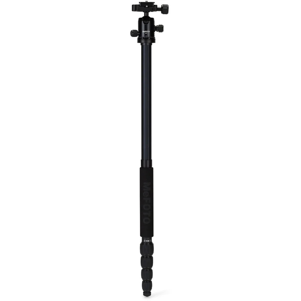 MeFoto RoadTrip aluminium tripod with reverse-folding legs, extending to 156.5 cm, supporting up to 8 kg, and converting into a full-size monopod via a removable foam-cushioned leg. Features two-position leg angle stops, spring-loaded centre column hook, Arca-type quick release plate, double action ball head with 360° pan, and included carry case.