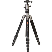 MeFoto RoadTrip aluminium tripod with reverse-folding legs, extending to 156.5 cm, supporting up to 8 kg, and converting into a full-size monopod via a removable foam-cushioned leg. Features two-position leg angle stops, spring-loaded centre column hook, Arca-type quick release plate, double action ball head with 360° pan, and included carry case.
