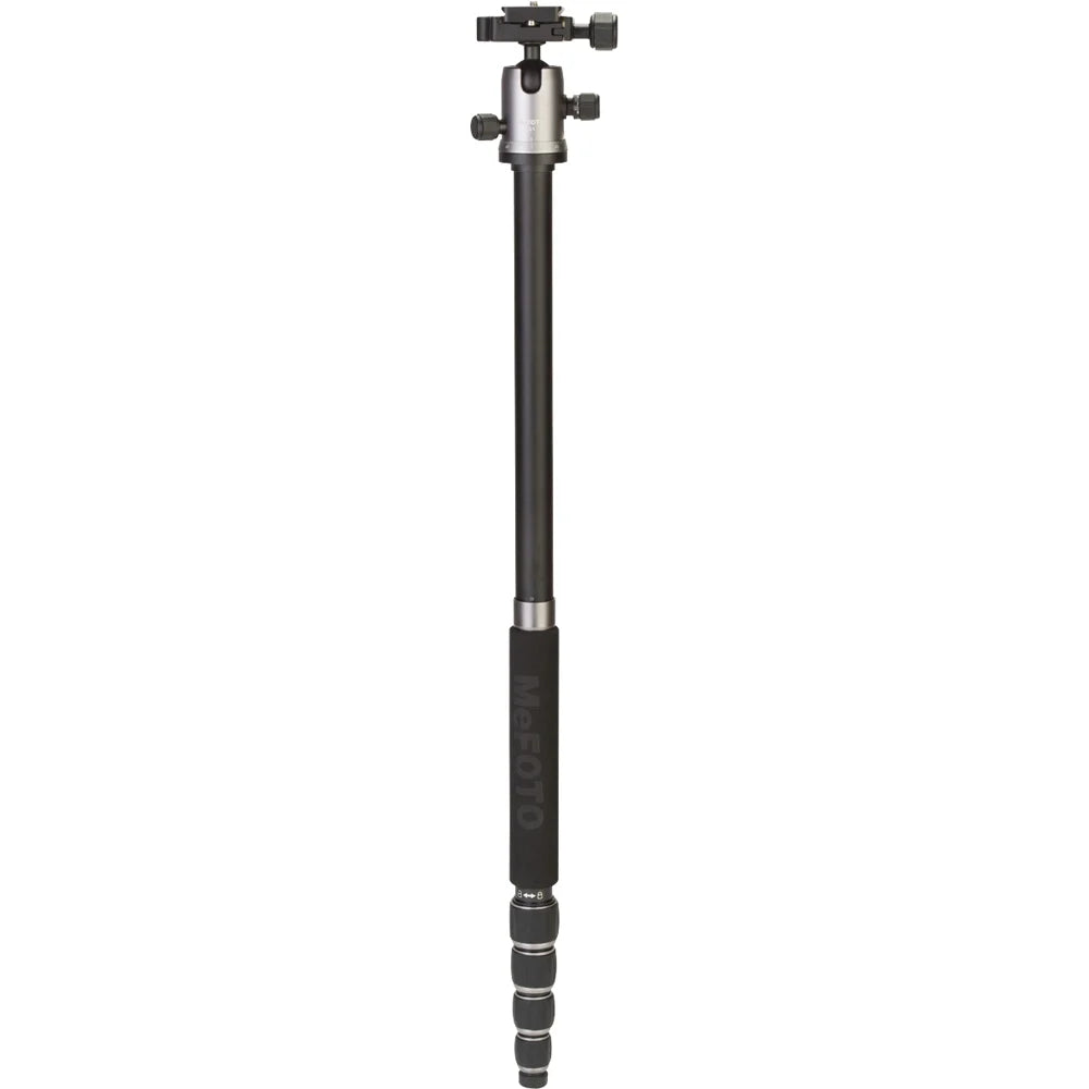 MeFoto RoadTrip aluminium tripod with reverse-folding legs, extending to 156.5 cm, supporting up to 8 kg, and converting into a full-size monopod via a removable foam-cushioned leg. Features two-position leg angle stops, spring-loaded centre column hook, Arca-type quick release plate, double action ball head with 360° pan, and included carry case.
