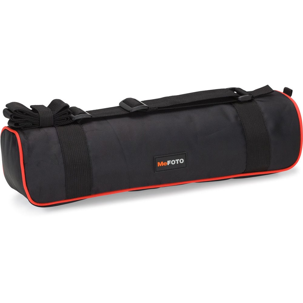 MeFoto RoadTrip aluminium tripod with reverse-folding legs, extending to 156.5 cm, supporting up to 8 kg, and converting into a full-size monopod via a removable foam-cushioned leg. Features two-position leg angle stops, spring-loaded centre column hook, Arca-type quick release plate, double action ball head with 360° pan, and included carry case.