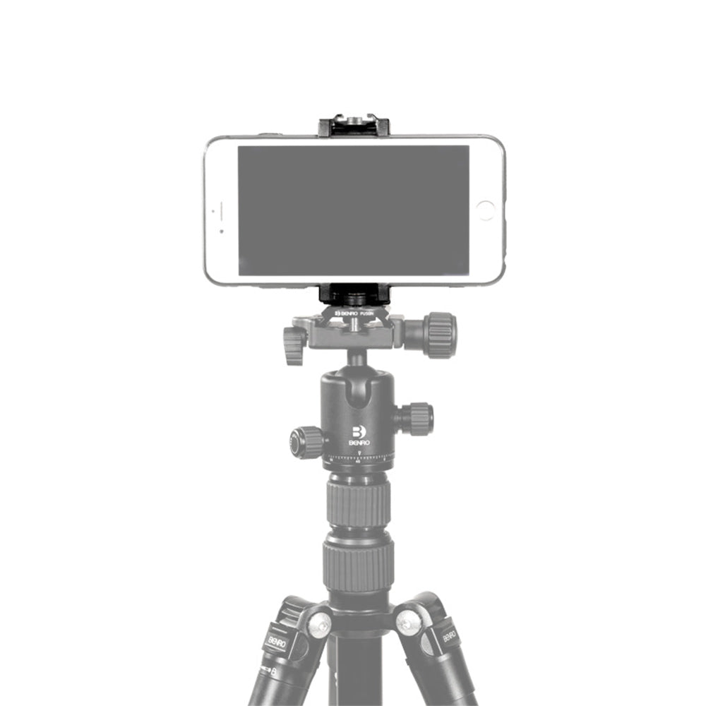 Benro MH2N Smartphone Clip Holder with adjustable grip, cold shoe mount, and 1/4-inch thread for tripods and accessories.