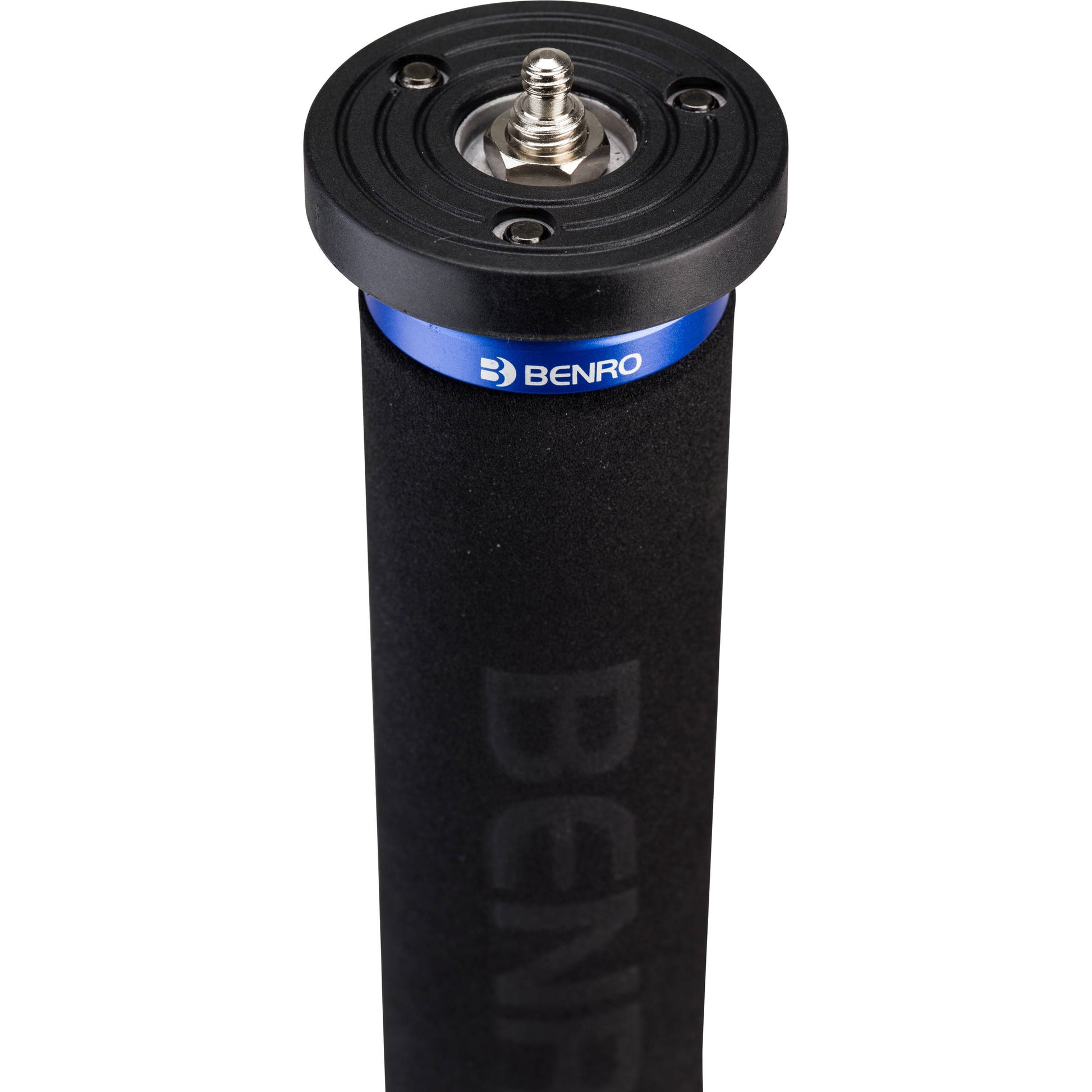 Black camera monopod top plate mount with Benro branding on a white background