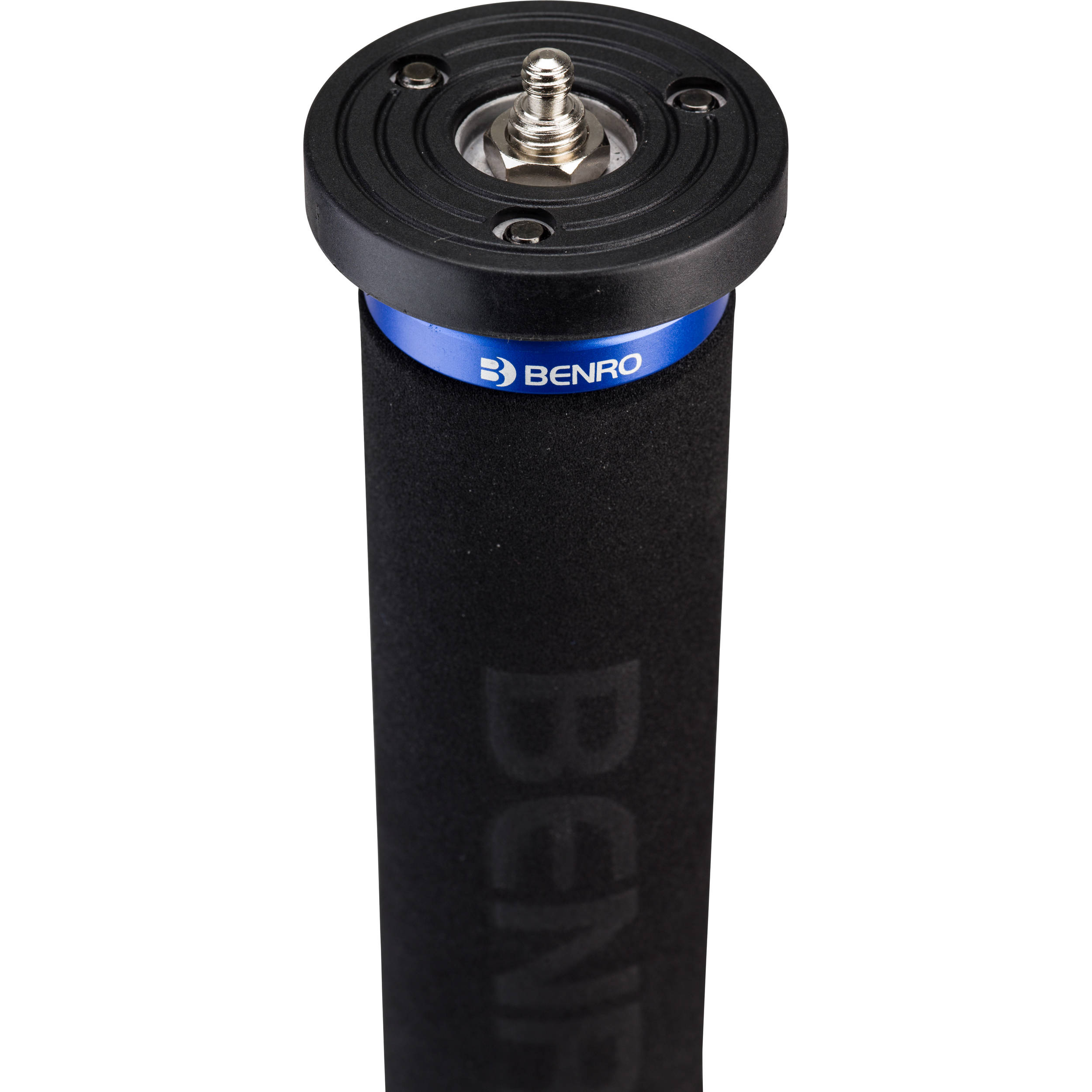 Black camera monopod top plate mount with Benro branding on a white background