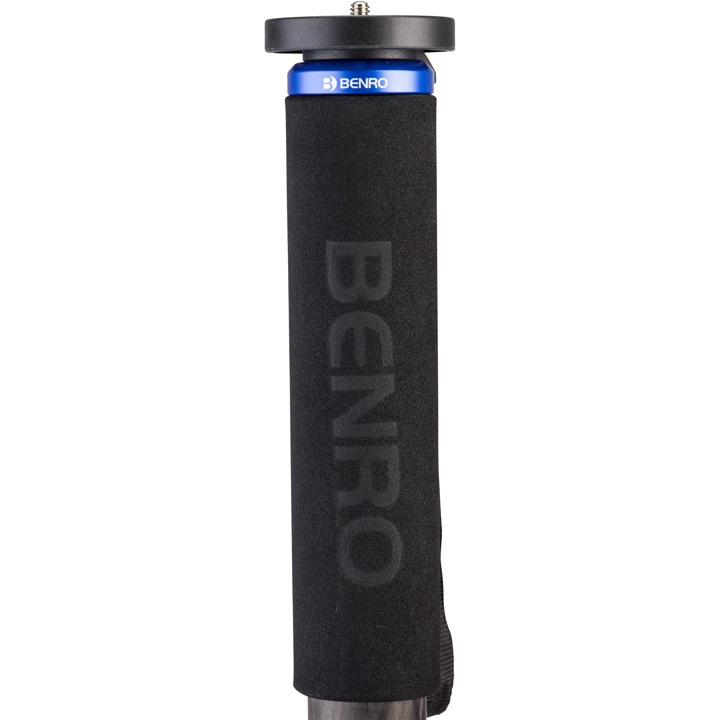 Black foam grip of a Benro monopod on a white background