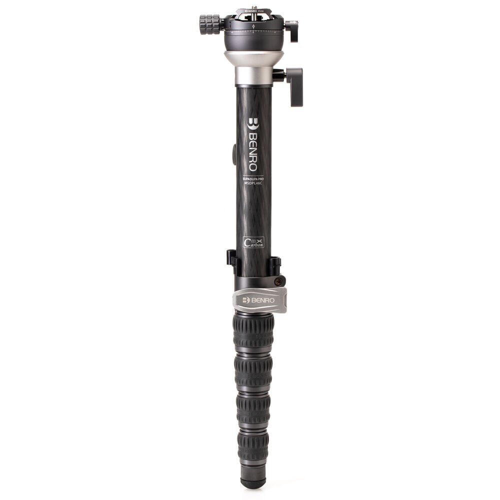 Benro SupaDupa carbon‑fiber monopod with twist‑lock sections and built‑in pan‑tilt head, rubber or spiked rotating foot