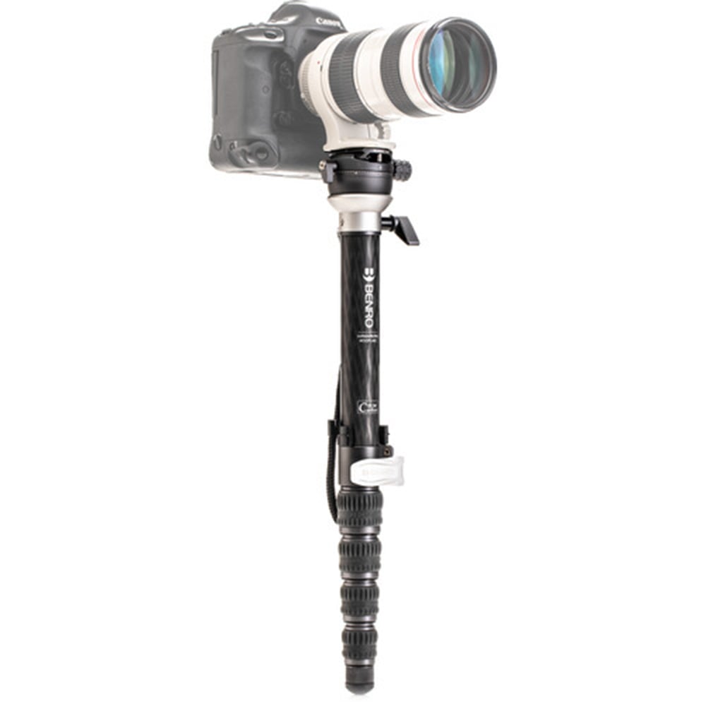 Benro SupaDupa carbon‑fiber monopod with twist‑lock sections and built‑in pan‑tilt head, rubber or spiked rotating foot