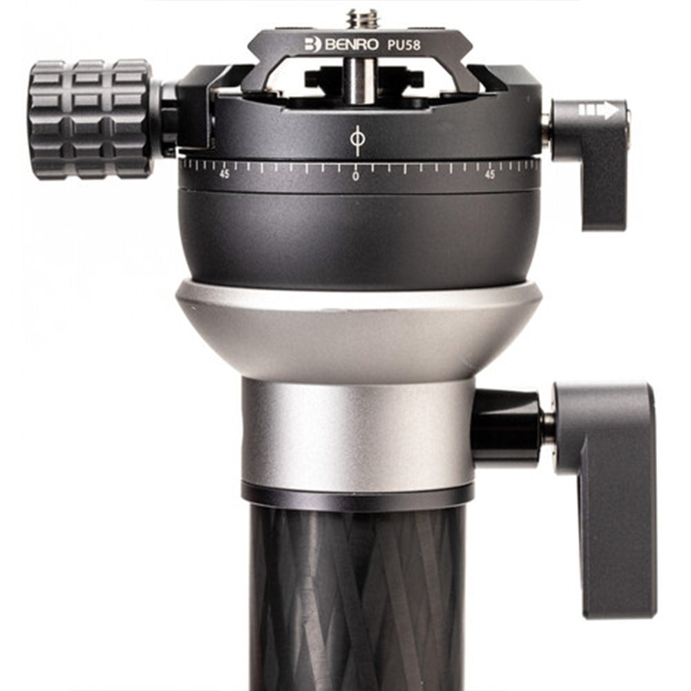 Benro SupaDupa carbon‑fiber monopod with twist‑lock sections and built‑in pan‑tilt head, rubber or spiked rotating foot