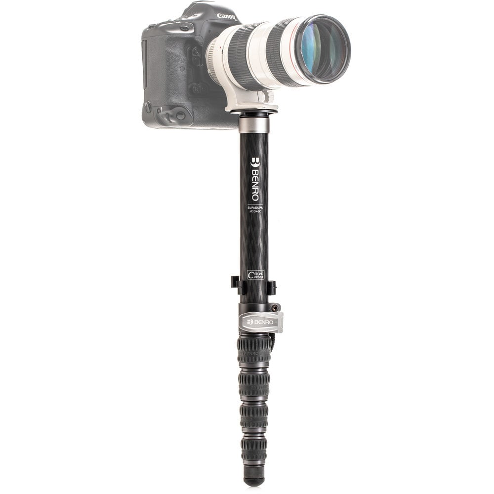 Benro SupaDupa carbon-fiber monopod with integrated pan‑tilt head, twist‑lock sections and spiked/rubber rotating foot.