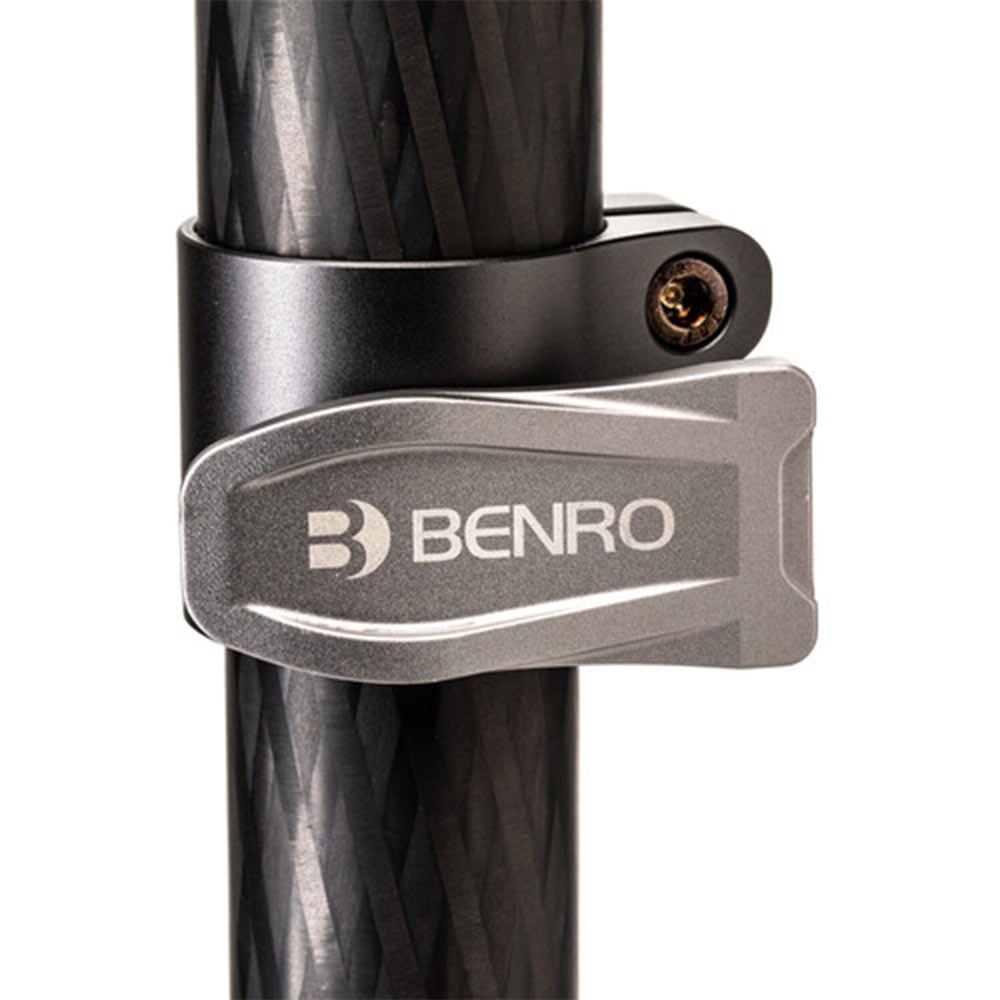 Benro SupaDupa carbon-fiber monopod with integrated pan‑tilt head, twist‑lock sections and spiked/rubber rotating foot.