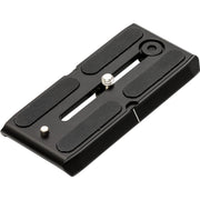 Black camera plate with one silver screw for a video head on a white background