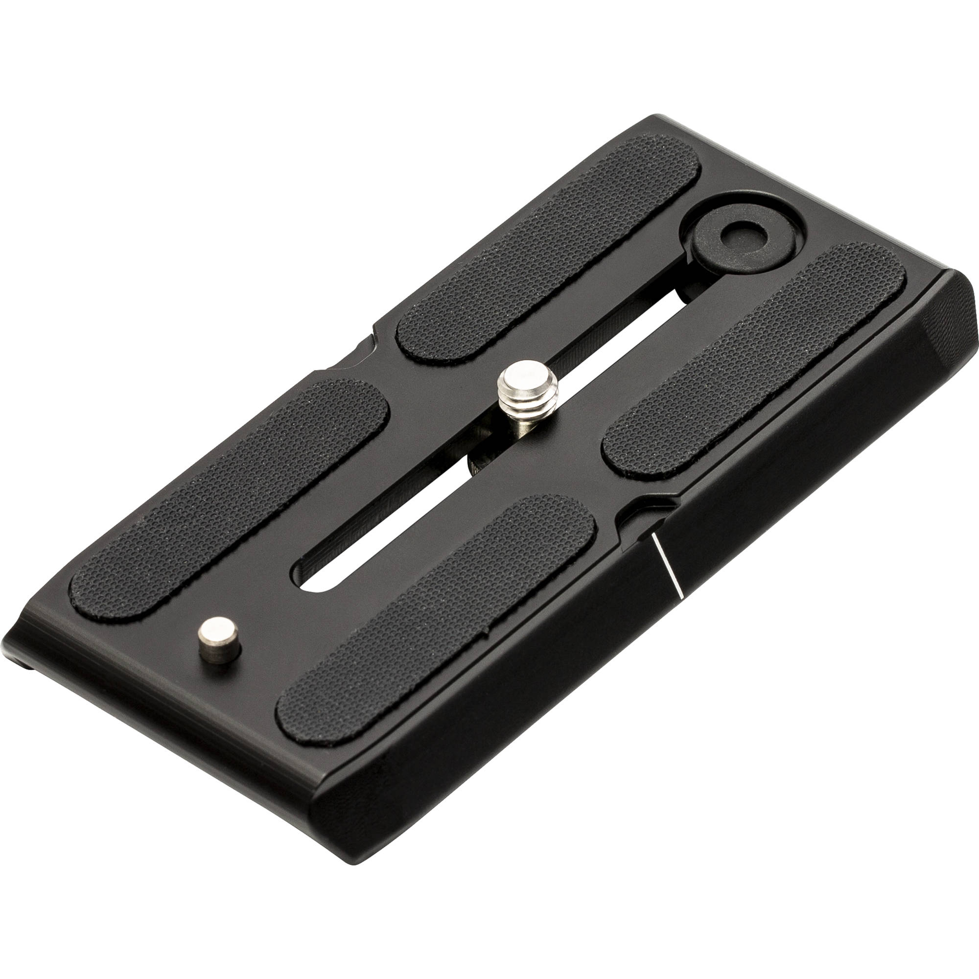 Black camera plate with one silver screw for a video head on a white background
