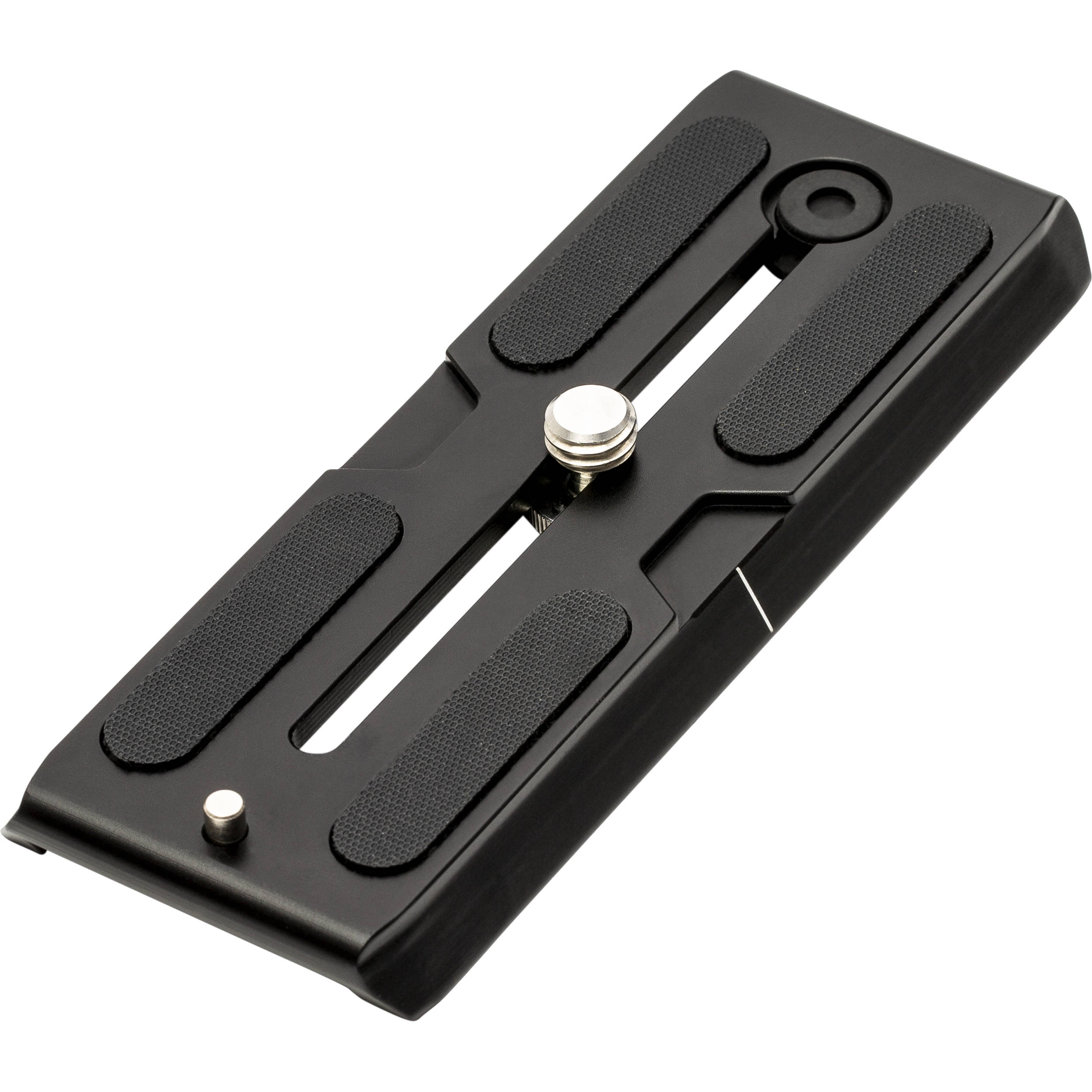 Black camera slide in plate with one silver screws on a white background