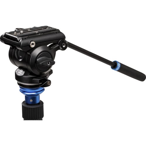 Benro S4Pro Fluid Video Head in matte black and grey, with smooth pan-tilt control knobs, integrated grease port, detachable plate, and bubble level—designed for precise camera movement and stable tripod mounting