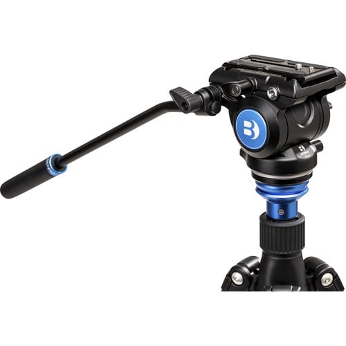 Benro S4Pro Fluid Video Head in matte black and grey, with smooth pan-tilt control knobs, integrated grease port, detachable plate, and bubble level—designed for precise camera movement and stable tripod mounting