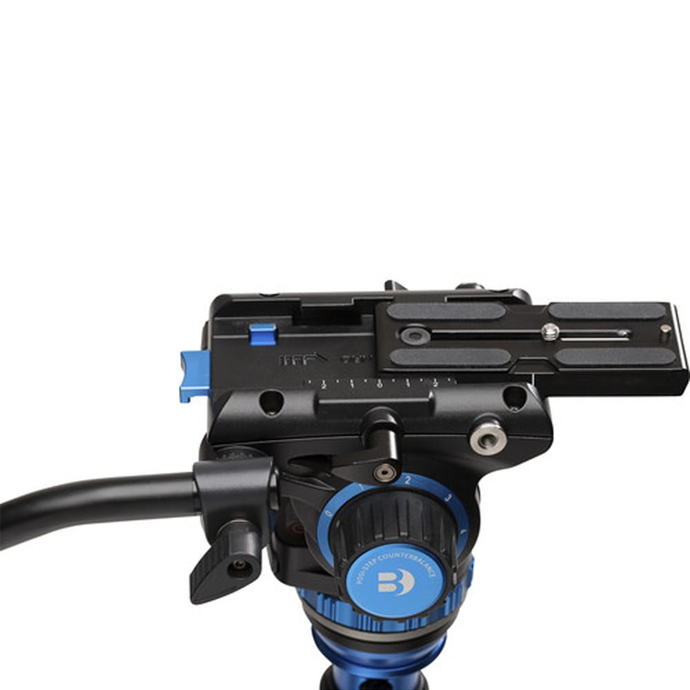 Benro S6Pro Fluid Video Head in matte black with grey detailing, featuring smooth pan and tilt control knobs, built-in bubble level, detachable quick‑release plate, and fluid damping system designed for professional video stabilization.