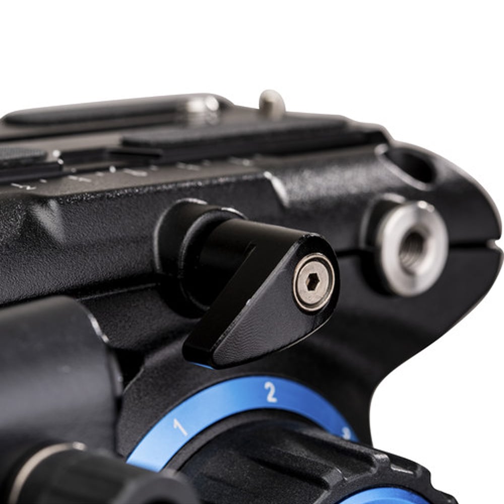 Benro S6Pro Fluid Video Head in matte black with grey detailing, featuring smooth pan and tilt control knobs, built-in bubble level, detachable quick‑release plate, and fluid damping system designed for professional video stabilization.
