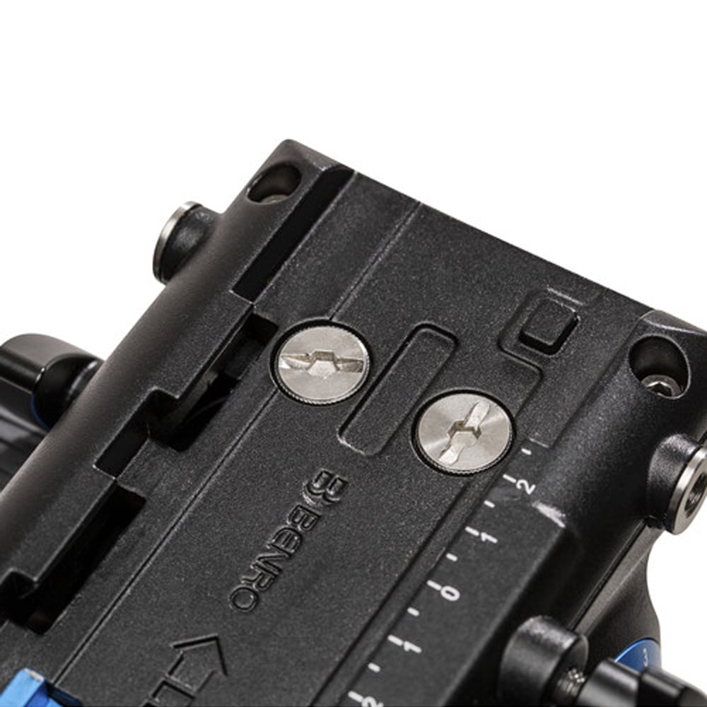 Benro S6Pro Fluid Video Head in matte black with grey detailing, featuring smooth pan and tilt control knobs, built-in bubble level, detachable quick‑release plate, and fluid damping system designed for professional video stabilization.