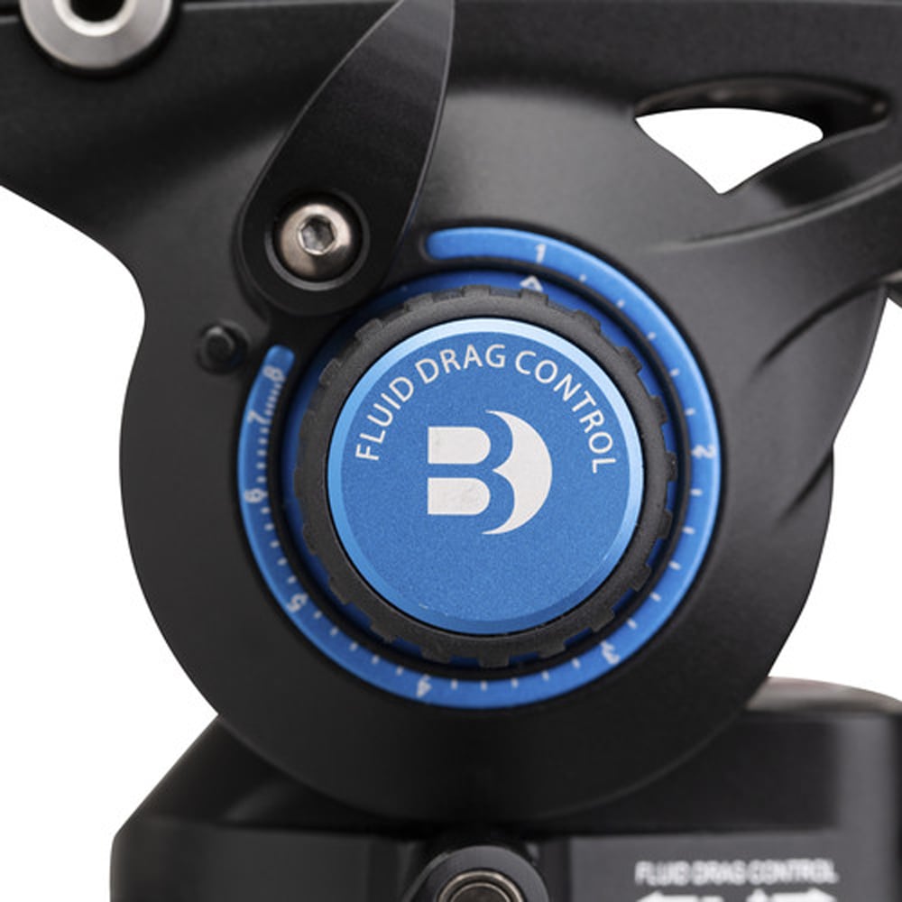 Benro S6Pro Fluid Video Head in matte black with grey detailing, featuring smooth pan and tilt control knobs, built-in bubble level, detachable quick‑release plate, and fluid damping system designed for professional video stabilization.