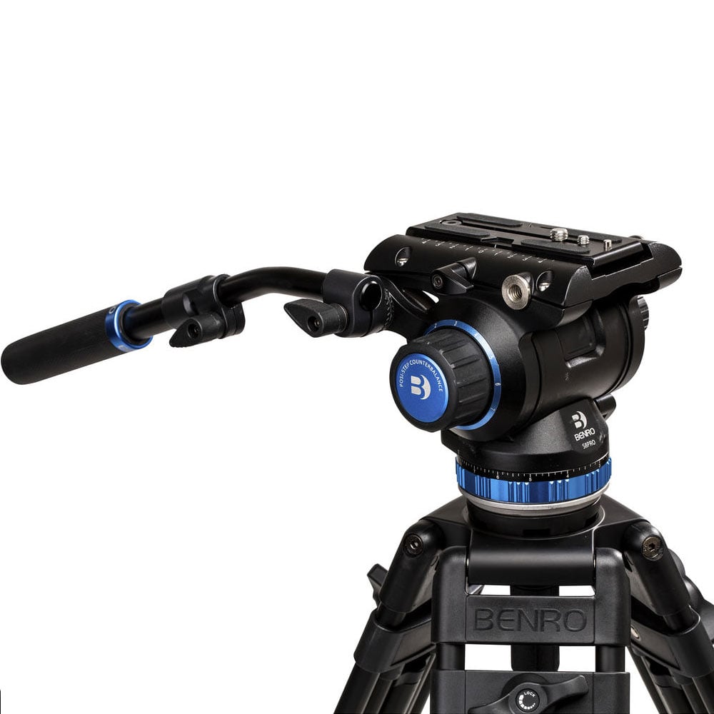 Benro S8Pro Fluid Video Head in matte black with grey accents, featuring dual ergonomic control knobs for pan and tilt, integrated bubble level, detachable quick‑release plate, and precision fluid damping system for ultra‑smooth camera movement.