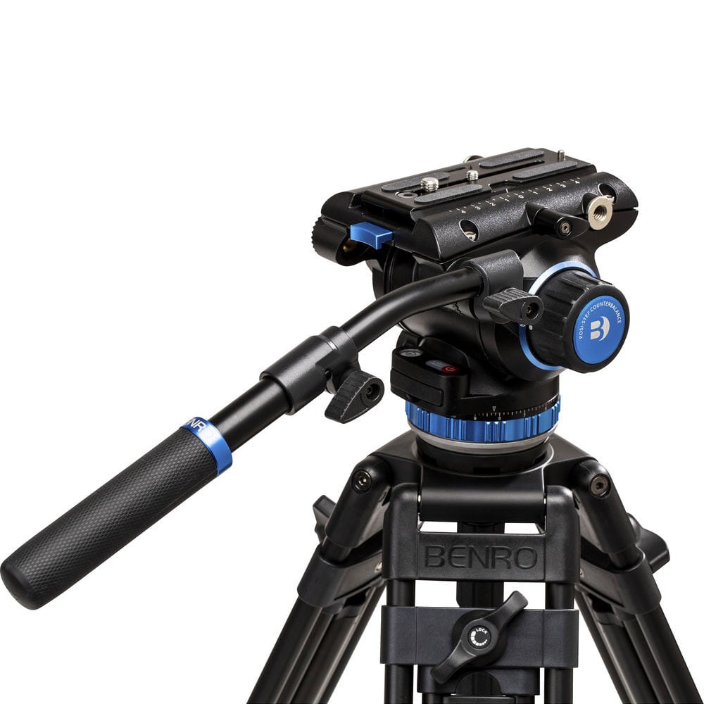 Benro S8Pro Fluid Video Head in matte black with grey accents, featuring dual ergonomic control knobs for pan and tilt, integrated bubble level, detachable quick‑release plate, and precision fluid damping system for ultra‑smooth camera movement.
