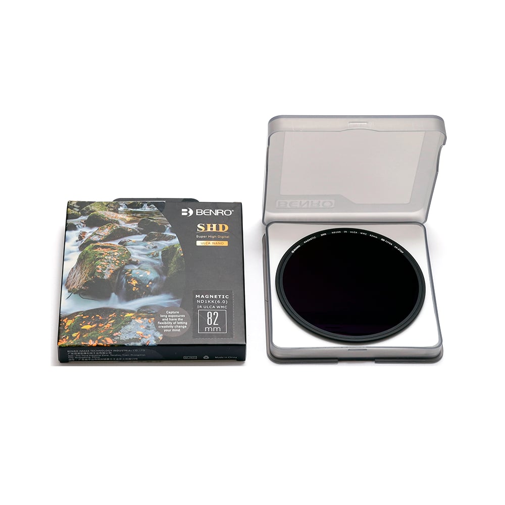 Camera lens filter with packaging on a white background