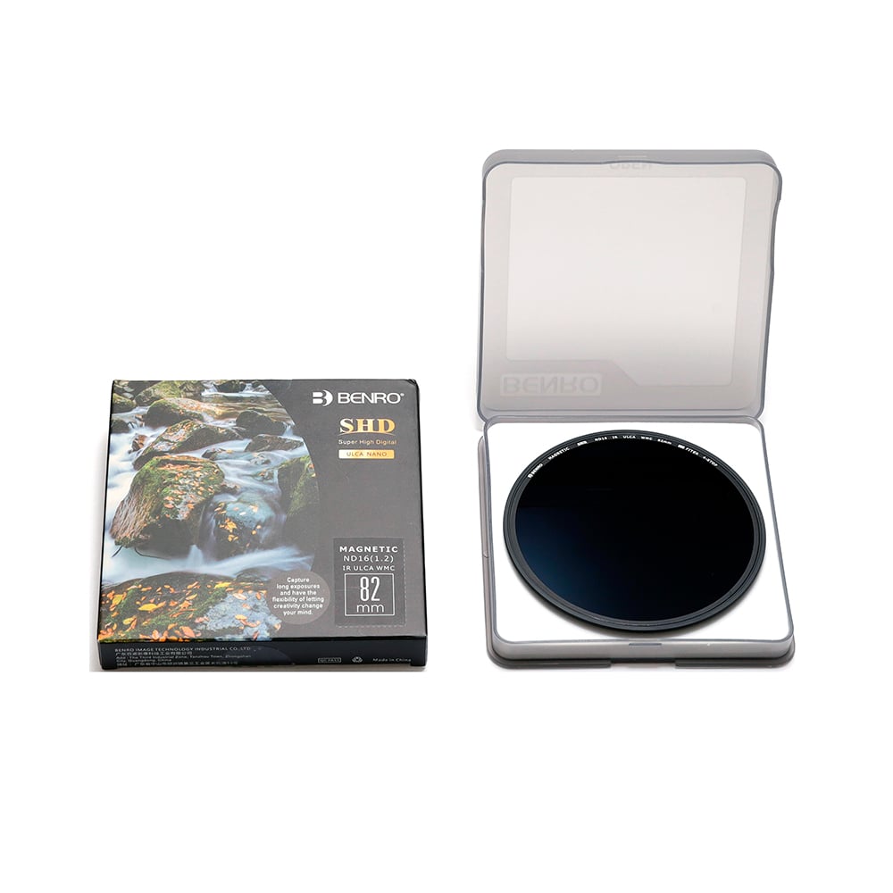 Camera lens filter with packaging on a white background