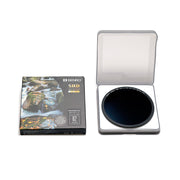 Camera lens filter with packaging on a white background