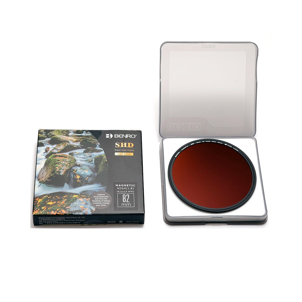Camera lens filter with packaging on a white background