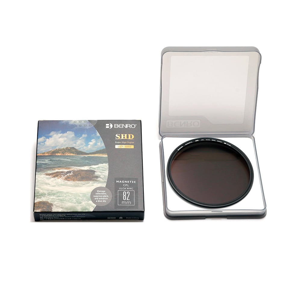 Benro SHD magnetic lens filter with packaging on a white background