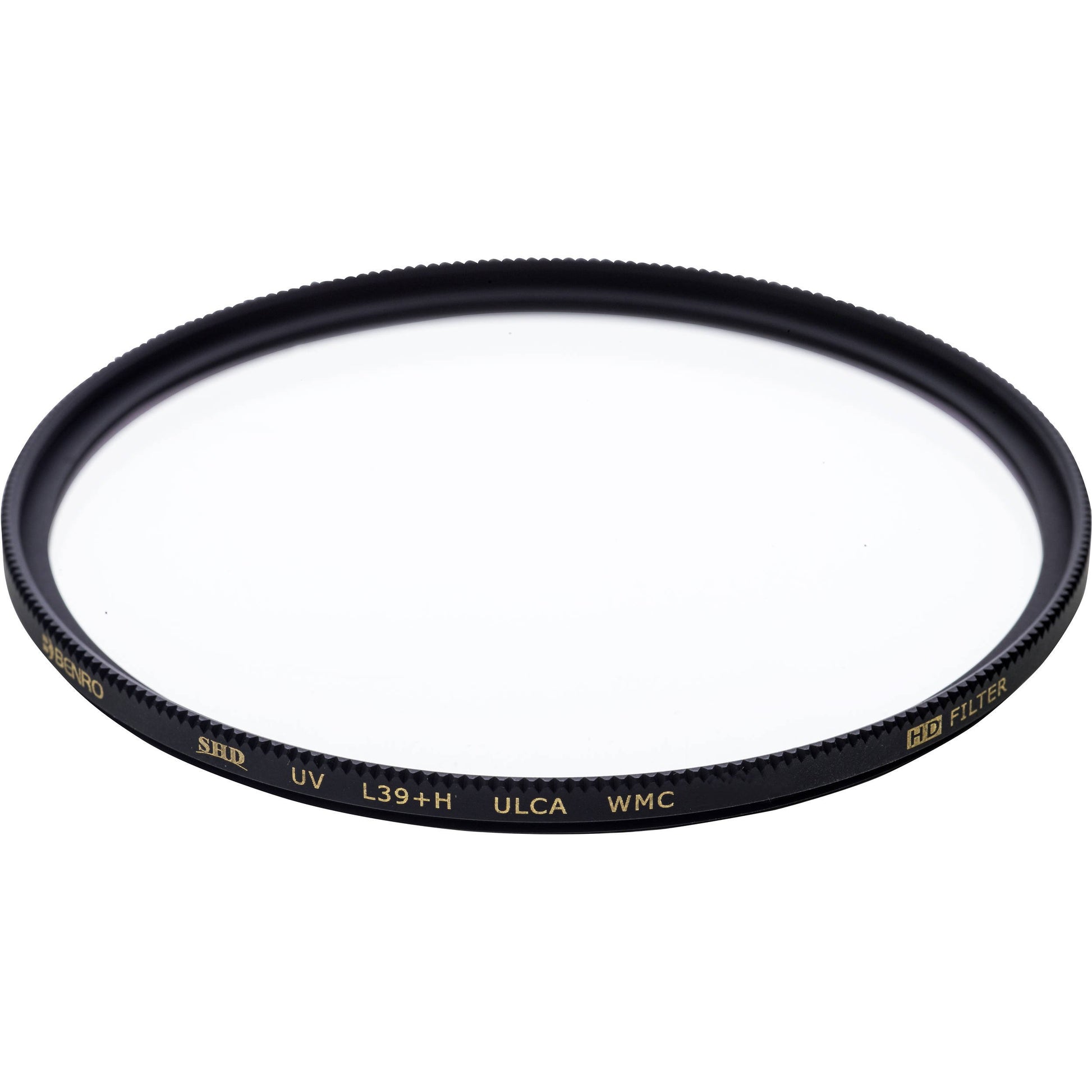 Camera lens filter with branding on a white background