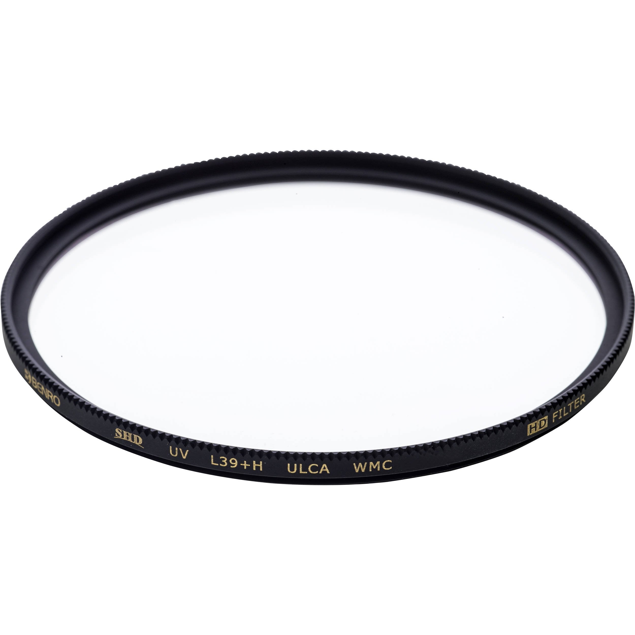 Camera lens filter with branding on a white background