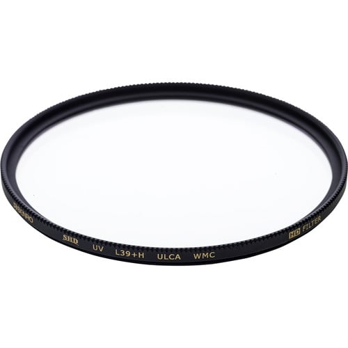 Camera lens filter with branding on a white background