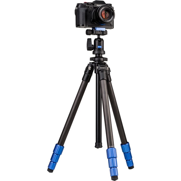 Benro Slim Tripod Kit in carbon‑fiber – sleek black compact tripod with twist‑lock legs and mini pan‑tilt head.