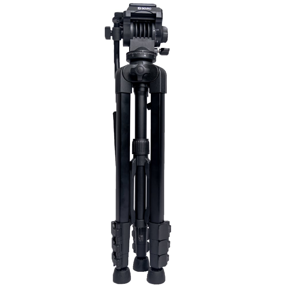 Benro T891 aluminium photo and video hybrid tripod in black, featuring a fluid 3‑way pan‑tilt head with adjustable pan bar, quick‑release camera plate, four‑section flip‑lock legs, integrated mid‑level spreader, universal anti‑skid horseshoe foot pads, geared center column with weight hook, and compact folded length.