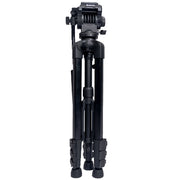 Benro T891 aluminium photo and video hybrid tripod in black, featuring a fluid 3‑way pan‑tilt head with adjustable pan bar, quick‑release camera plate, four‑section flip‑lock legs, integrated mid‑level spreader, universal anti‑skid horseshoe foot pads, geared center column with weight hook, and compact folded length.