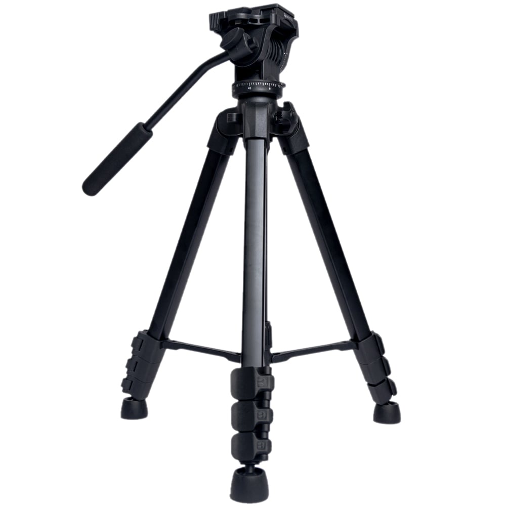 Benro T891 aluminium photo and video hybrid tripod in black, featuring a fluid 3‑way pan‑tilt head with adjustable pan bar, quick‑release camera plate, four‑section flip‑lock legs, integrated mid‑level spreader, universal anti‑skid horseshoe foot pads, geared center column with weight hook, and compact folded length.