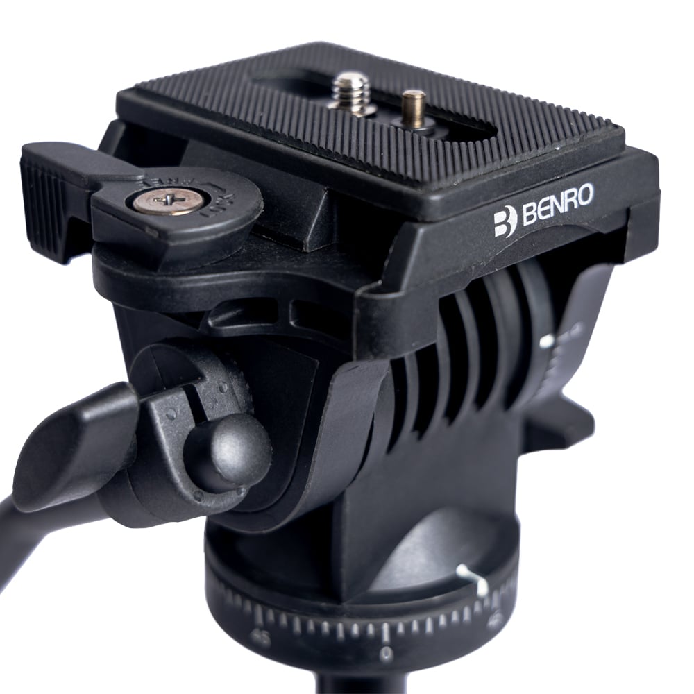 Benro T891 aluminium photo and video hybrid tripod in black, featuring a fluid 3‑way pan‑tilt head with adjustable pan bar, quick‑release camera plate, four‑section flip‑lock legs, integrated mid‑level spreader, universal anti‑skid horseshoe foot pads, geared center column with weight hook, and compact folded length.