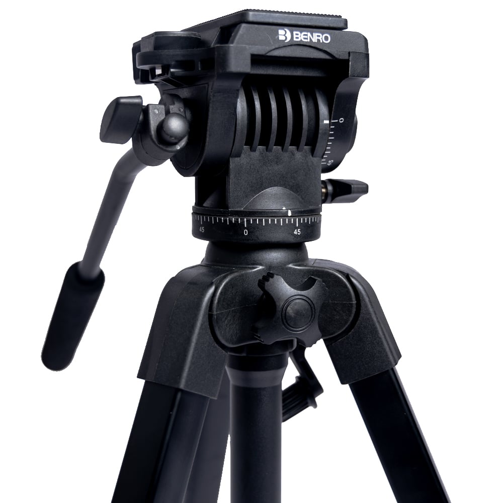 Benro T891 aluminium photo and video hybrid tripod in black, featuring a fluid 3‑way pan‑tilt head with adjustable pan bar, quick‑release camera plate, four‑section flip‑lock legs, integrated mid‑level spreader, universal anti‑skid horseshoe foot pads, geared center column with weight hook, and compact folded length.
