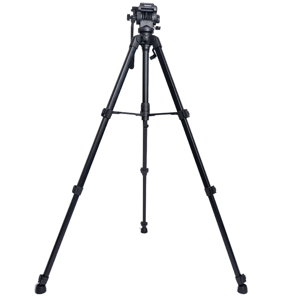 Benro T891 aluminium photo and video hybrid tripod in black, featuring a fluid 3‑way pan‑tilt head with adjustable pan bar, quick‑release camera plate, four‑section flip‑lock legs, integrated mid‑level spreader, universal anti‑skid horseshoe foot pads, geared center column with weight hook, and compact folded length.