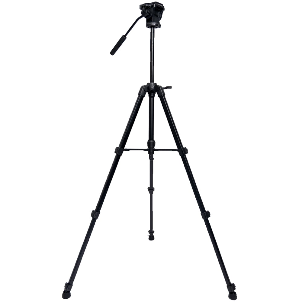 Benro T891 aluminium photo and video hybrid tripod in black, featuring a fluid 3‑way pan‑tilt head with adjustable pan bar, quick‑release camera plate, four‑section flip‑lock legs, integrated mid‑level spreader, universal anti‑skid horseshoe foot pads, geared center column with weight hook, and compact folded length.