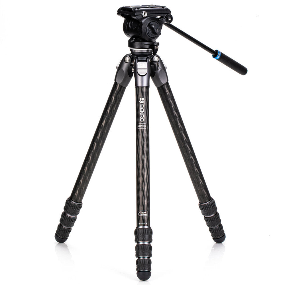 Benro Tortoise Carbon Fibre Tripod with S4PRO video head, compact and sturdy design featuring 2-step counterbalance, fixed pan/tilt drag, and 360° pan range.