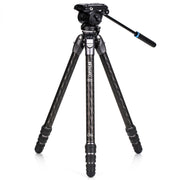 Benro Tortoise Carbon Fibre Tripod with S4PRO video head, compact and sturdy design featuring 2-step counterbalance, fixed pan/tilt drag, and 360° pan range.