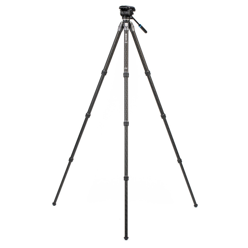 Benro Tortoise Carbon Fibre Tripod with S4PRO video head, compact and sturdy design featuring 2-step counterbalance, fixed pan/tilt drag, and 360° pan range.