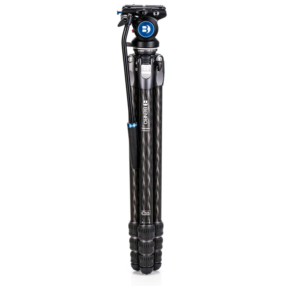 Benro Tortoise Carbon Fibre Tripod with S4PRO video head, compact and sturdy design featuring 2-step counterbalance, fixed pan/tilt drag, and 360° pan range.
