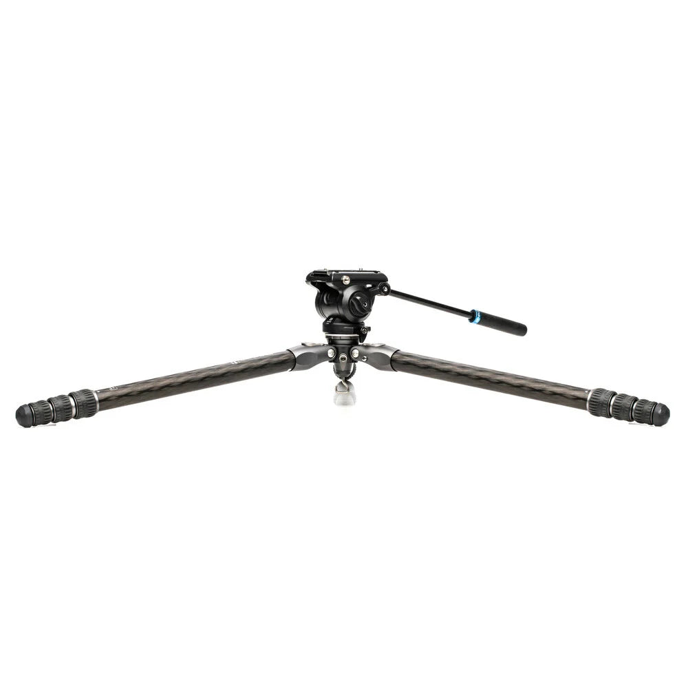 Benro Tortoise Carbon Fibre Tripod with S4PRO video head, compact and sturdy design featuring 2-step counterbalance, fixed pan/tilt drag, and 360° pan range.