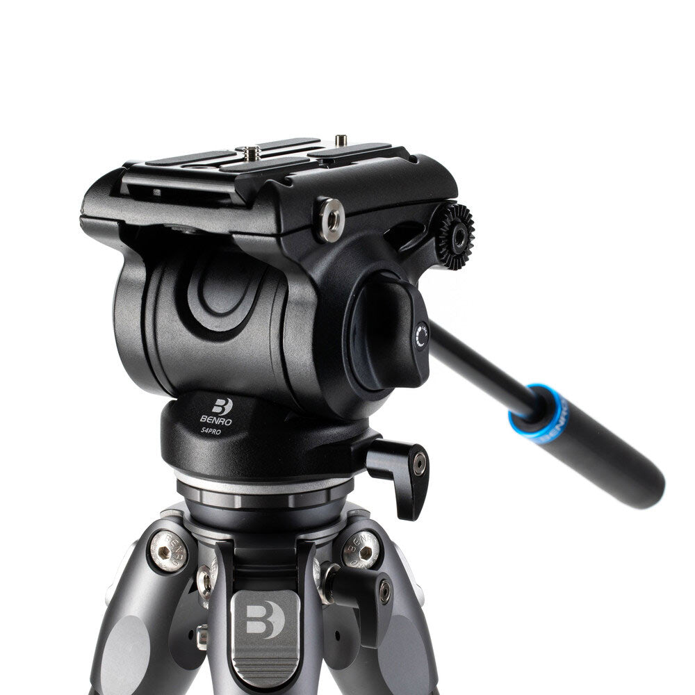 Benro Tortoise Carbon Fibre Tripod with S4PRO video head, compact and sturdy design featuring 2-step counterbalance, fixed pan/tilt drag, and 360° pan range.