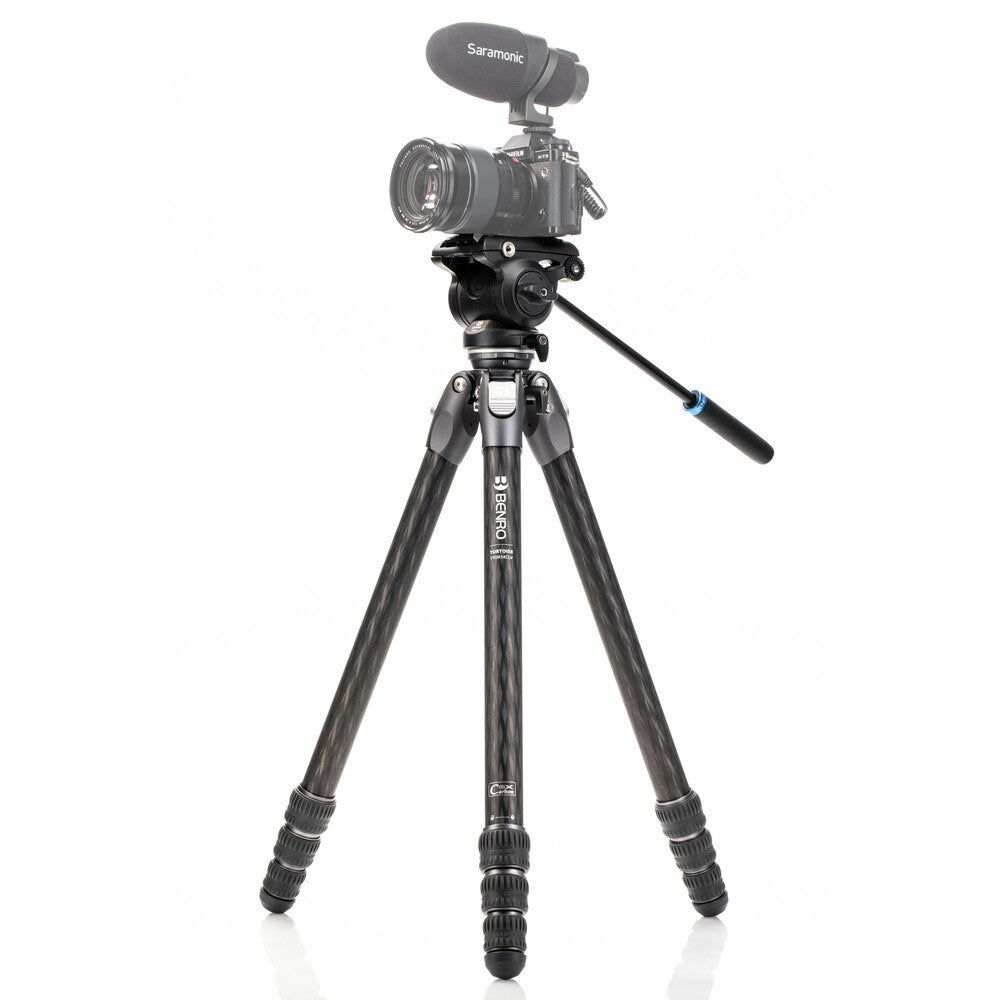 Benro Tortoise Carbon Fibre Tripod with S4PRO video head, compact and sturdy design featuring 2-step counterbalance, fixed pan/tilt drag, and 360° pan range.