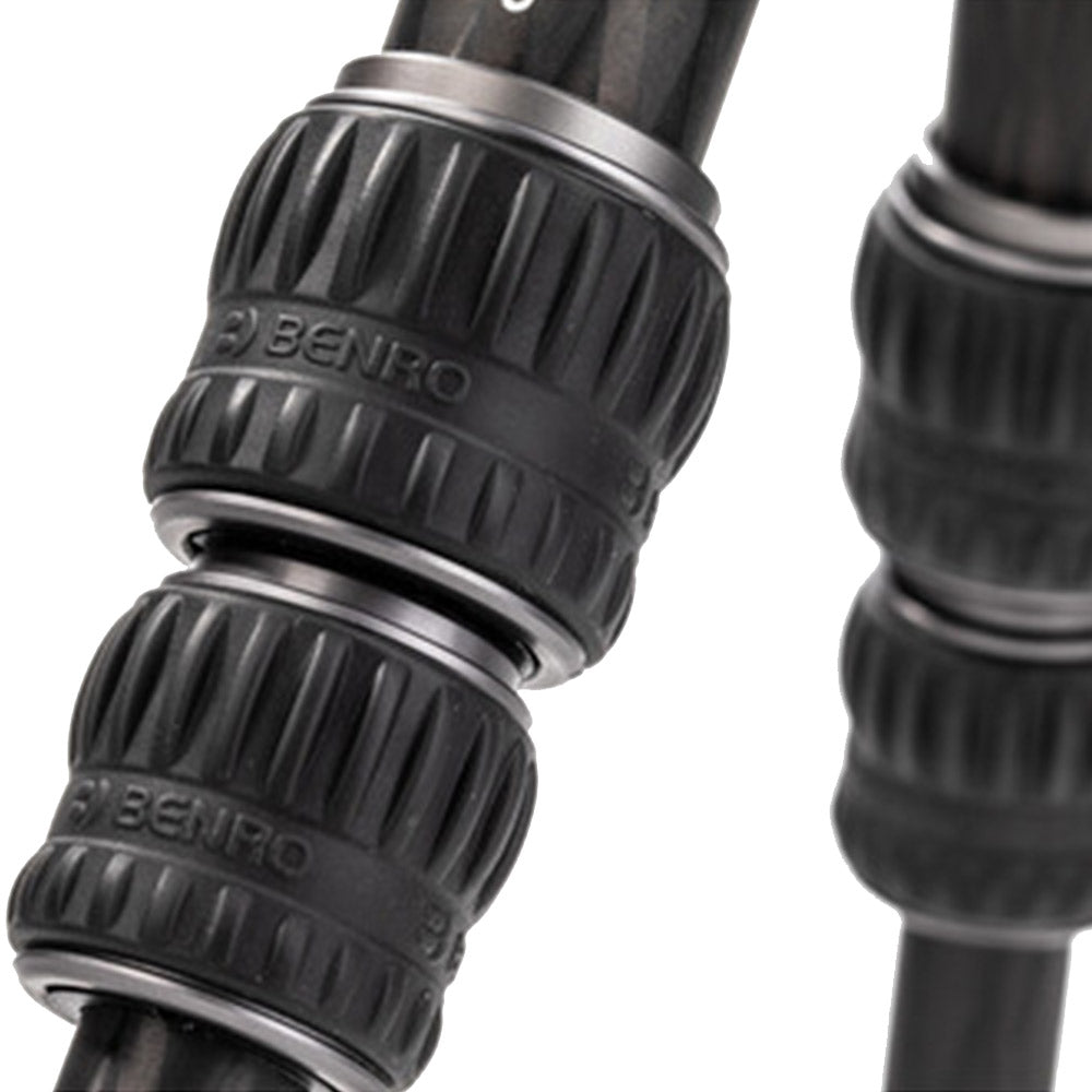 Benro Tortoise Columnless Carbon Fibre Tripod folded compactly, showcasing lightweight, stable travel design with carbon fiber legs and twist locks.