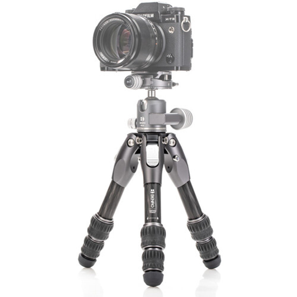 Benro Tortoise Columnless Carbon Fibre Tripod folded compactly, showcasing lightweight, stable travel design with carbon fiber legs and twist locks.